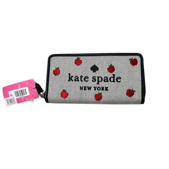 Kate Spade Womens Black Red Apple Embroidered Large Continental Wallet New - Picture 2 of 12